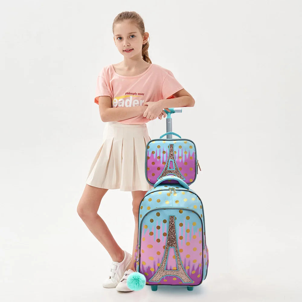 Set 3PCS Mochila Escolar con Ruedas para Niñas - Diseño Torre Eiffel Rosa con Lentejuelas y Función Brilla en la Oscuridad