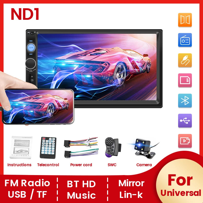 Reproductor Multimedia MP5 para Automóvil de 7 Pulgadas - Pantalla Táctil HD, Sistema Inteligente, Soporte para Cámara de Reversa y Conexión Mirror Link