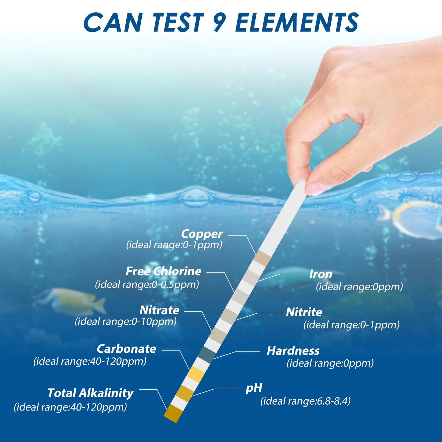 Kit de Tiras de Prueba para Acuario: 100 Piezas de Tiras de Prueba de Agua 7 en 1 para Tanques de Peces - Medidor de Calidad de Agua para Acuarios de Agua Dulce y Salada