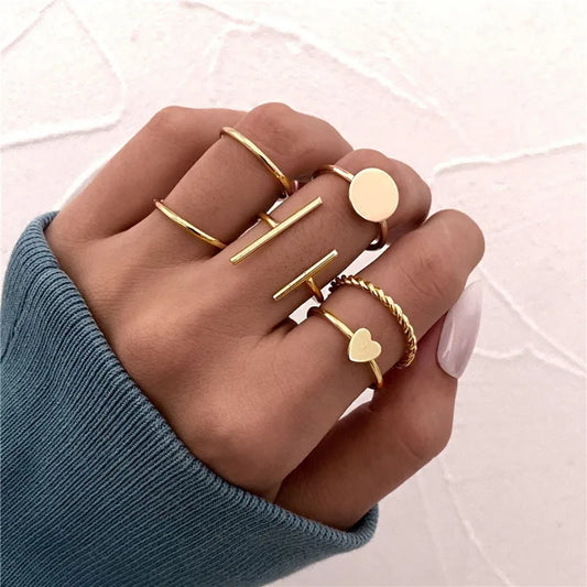 Conjunto de Anillos Midi Geométricos en Color Dorado Vintage para Mujer – Anillos Minimalistas de Metal Abierto para Nudillos