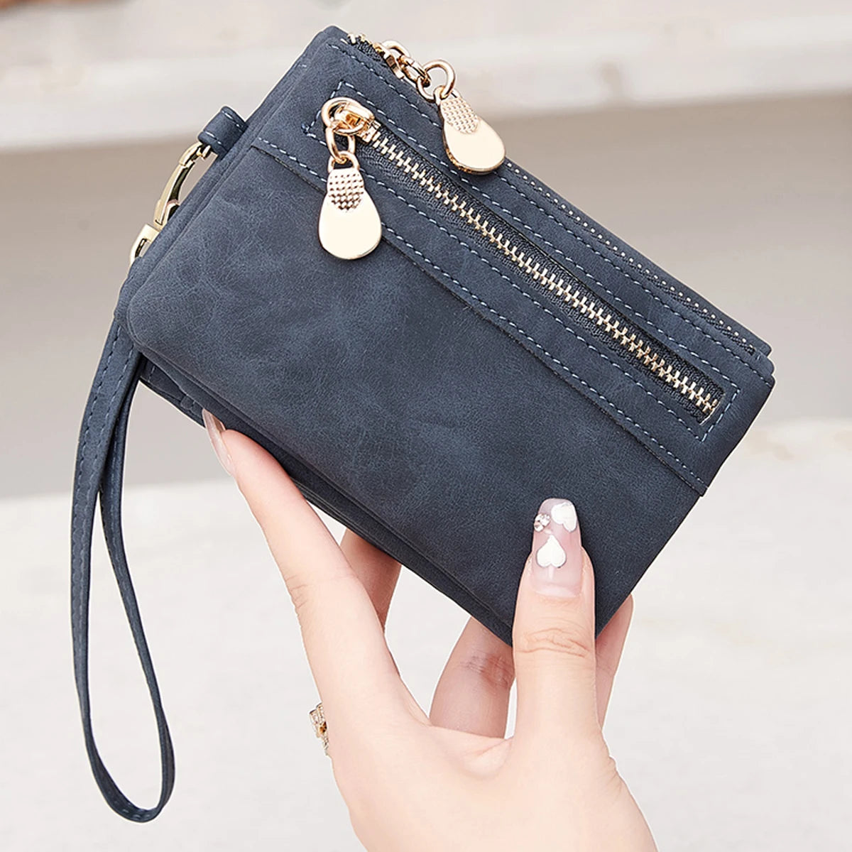 Vintage small double folding zipper with wrist strap short wallet, PU leather portable multi card wallet, with ID window