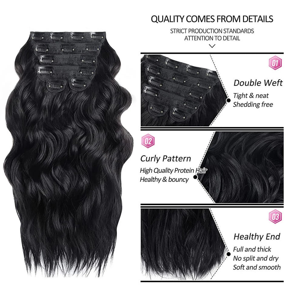 Extensiones de Cabello Sintético Largo con Clip, Ondulado Ombre Rubio y Marrón, Postizos Gruesos, 6 Piezas por Juego