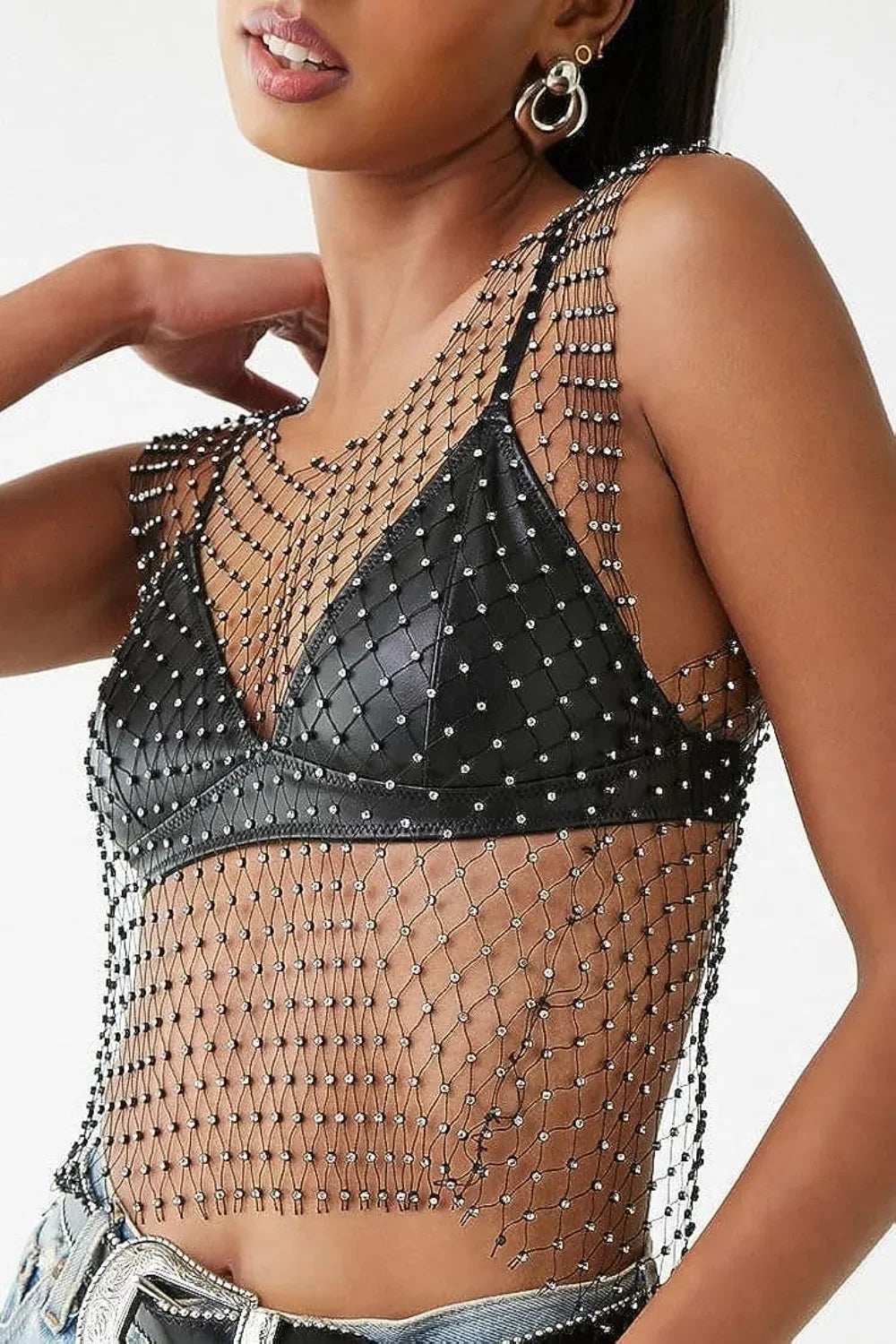 Top Transparente con Brillos para Mujer - Crop de Red con Brillantes Y2K, Ideal para Fiestas y Clubes