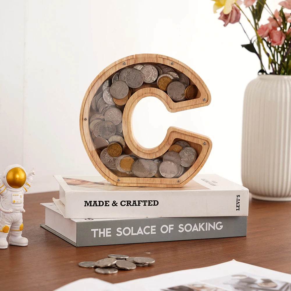Alcancía para Niños: Gran Alcancía Personalizada de Madera en Forma de Letra - Caja de Ahorros de Monedas con Letras del Alfabeto