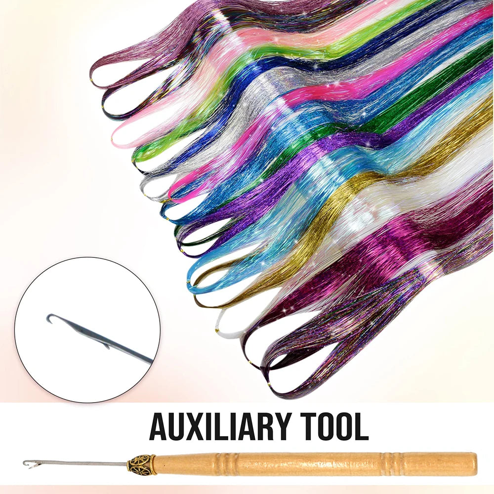 Kit de Tinsel Brillante para el Cabello - 16 Colores de Extensiones de Hilo Brillante, Accesorios Hippie para Mujeres