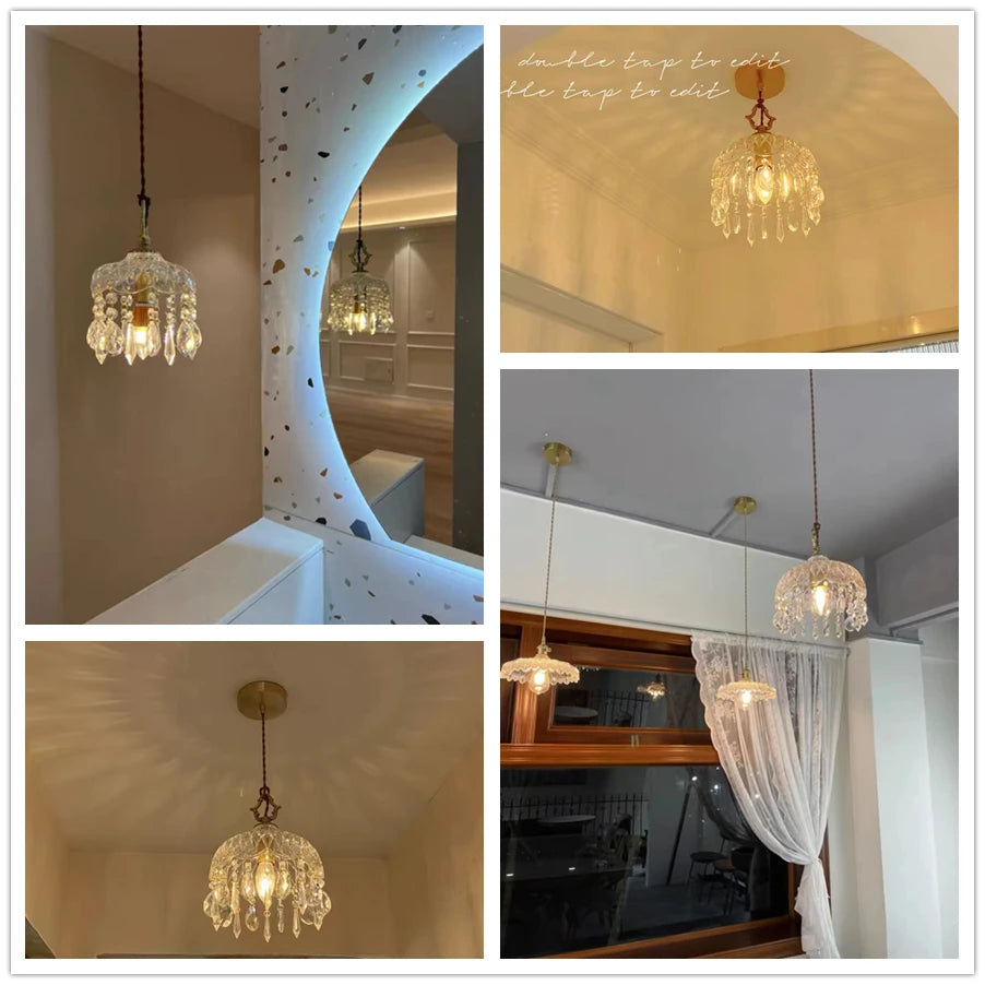 Lámpara Colgante de Cristal Retro Francés LED de Lujo – Chandeliers de Vidrio para Dormitorio, Bar y Restaurante con Bombilla E14
