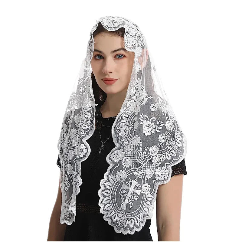Velo de Iglesia Católica con Bordado de Cruz para Mujer, Cubierta de Cabeza Nupcial, Mantón de Encaje Triangular de Estilo Español