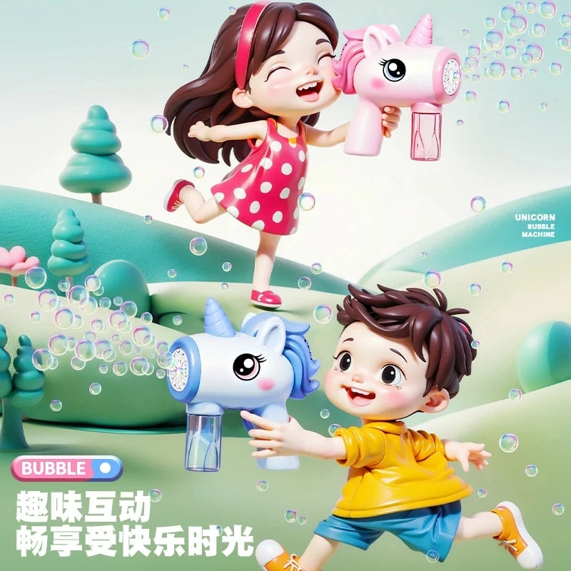 Pistola de burbujas eléctrica unicornio, máquina automática de burbujas con luces, juegos al aire libre de verano, regalos para niños