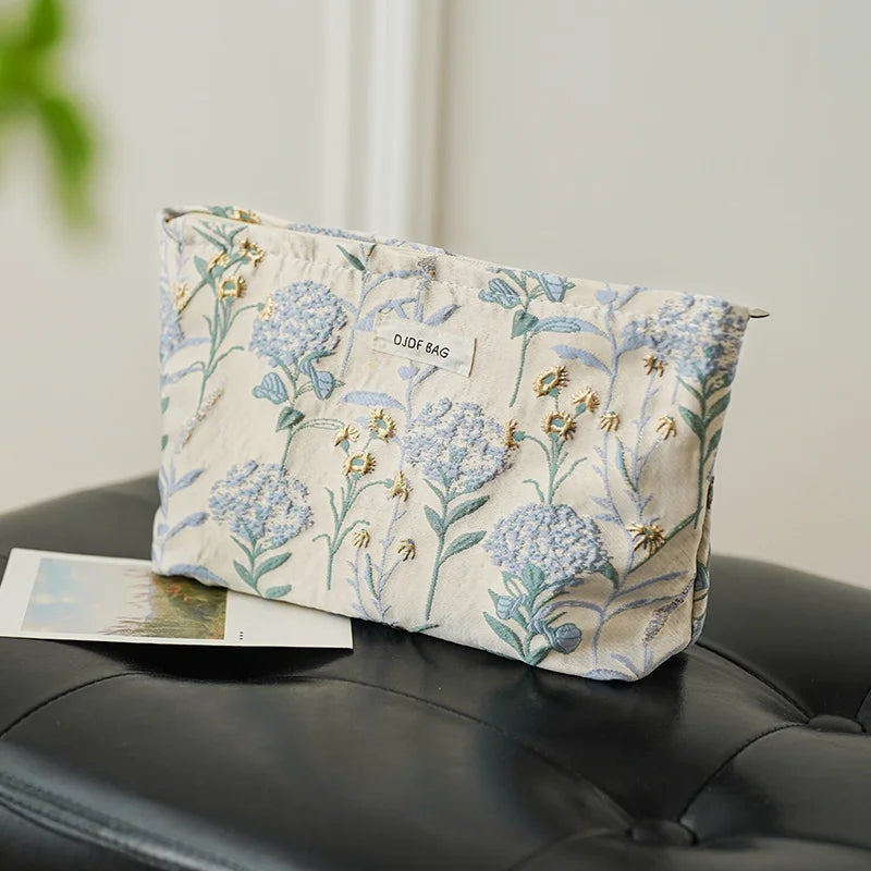 Bolsa de Maquillaje para Mujer - Diseño Floral Azul - Gran Capacidad y Versatilidad