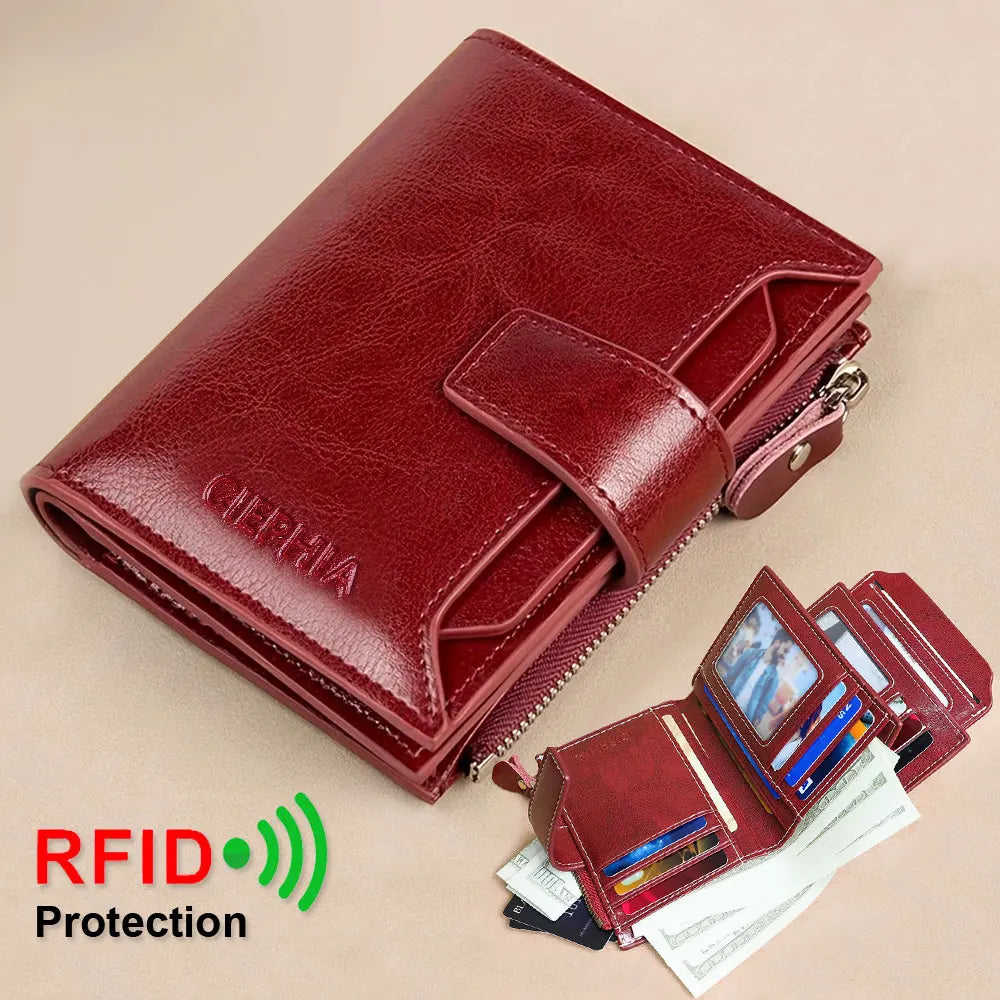 Fahion Women Genuine Leather Wallet RFID Blocking Short Multi Function Large Capacity Zipper Coin Purse Money Clip