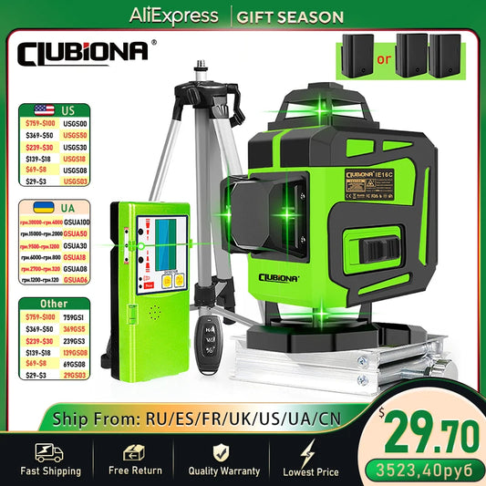 Clubiona Nivel Láser 16/12 Líneas Verde Autonivelante 360° Horizontal y Vertical, Rayo Verde Súper Potente, Herramienta de Nivelación con Modo de Pulso