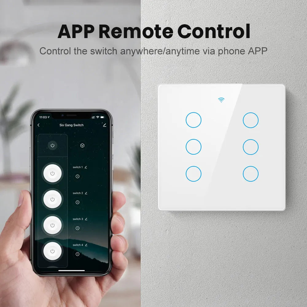 Interruptor Táctil Inteligente Wifi Tuya para Luces en Brasil, 4*4 sin Cable Neutro, 4/6 Gang, Control Remoto RF433, Smart Life, Compatible con Alexa y Google Home