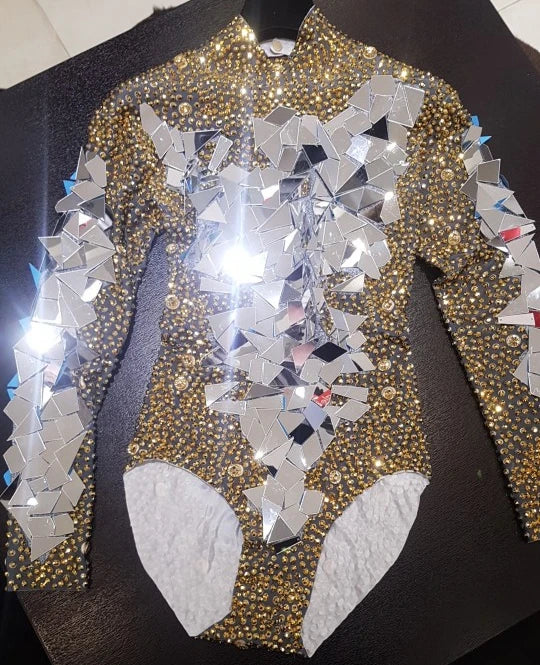 Body con Espejos de Diamantes de Imitación Dorados Brillantes para Mujer - Traje de Fiesta Ideal para Cantantes y Bailarinas