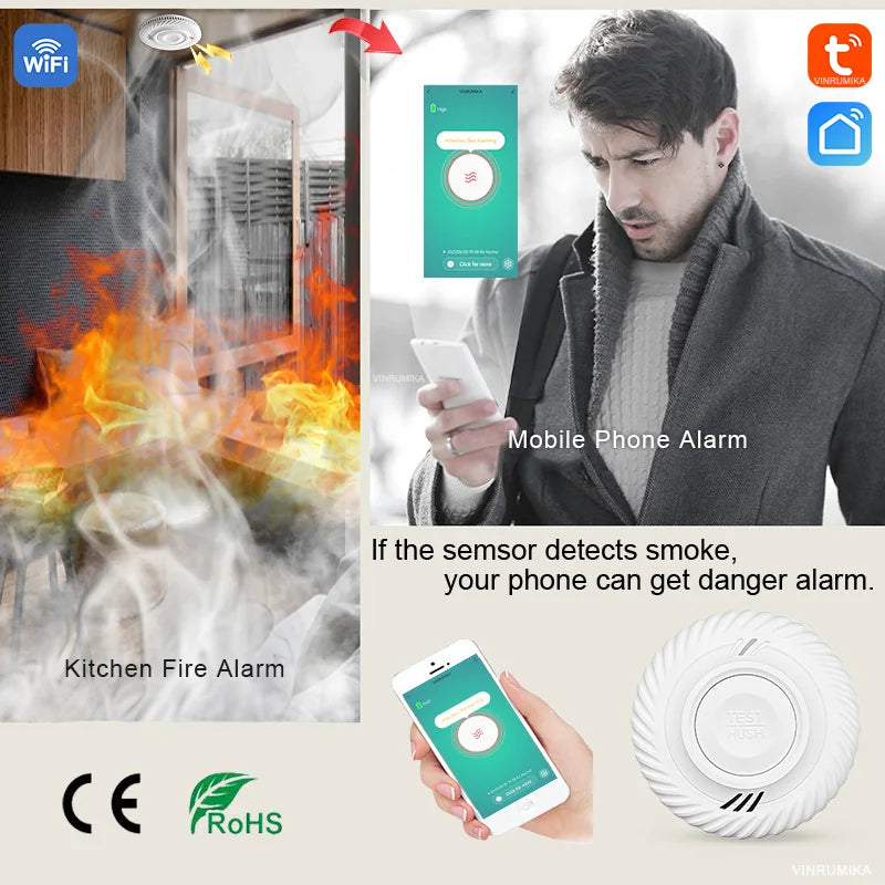 Detector de Humo Inteligente con Batería de 10 Años y Conectividad WiFi - Alarma Tuya para Hogar Seguro