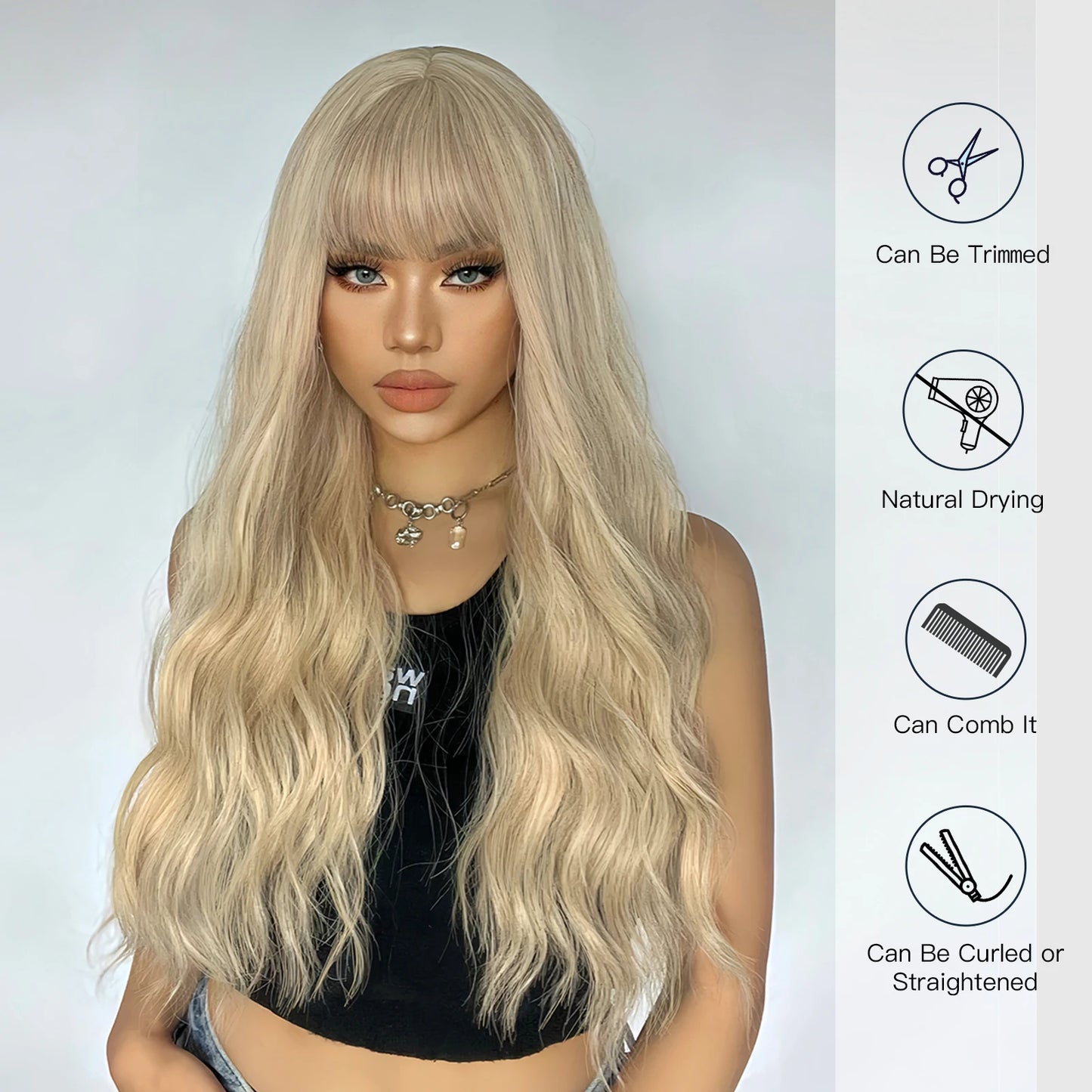 Pelucas sintéticas rubias largas y rizadas para mujer, cabello Natural ondulado, color amarillo claro, resistente al calor, con flequillo, para Cosplay