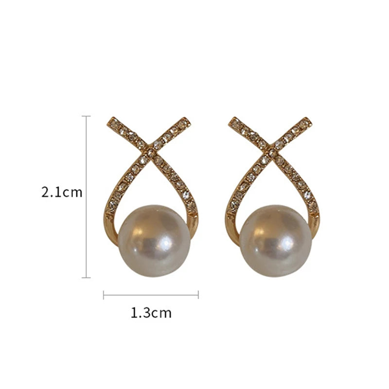 Elegantes Aretes de Perlas Simuladas para Mujer con Incrustaciones de Diamantes - Pendientes de Estilo Letra X para Fiesta y Boda 2023