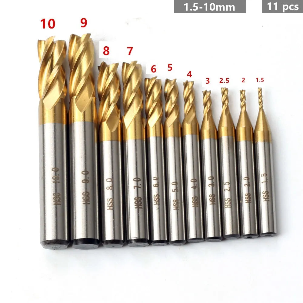 Juego de Fresas de 7 Piezas / 11 Piezas, Brocas Fresadoras de 4 Cortes con Revestimiento de Titanio de Carburo de Tungsteno de 1.5-10mm para Fresadora CNC en Madera y Acero