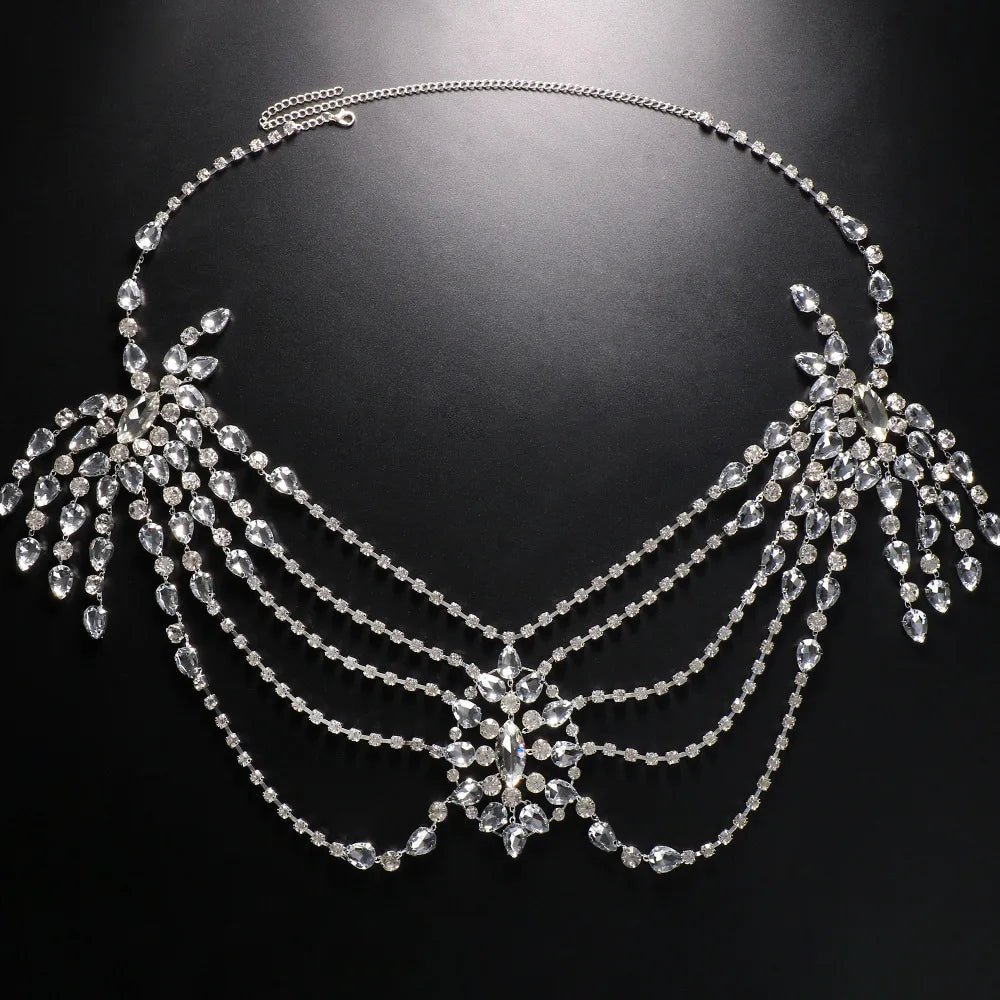 Collar de cadena bohemio nupcial de cristal, accesorios de lencería y joyería corporal, chal de cuentas para bodas y eventos