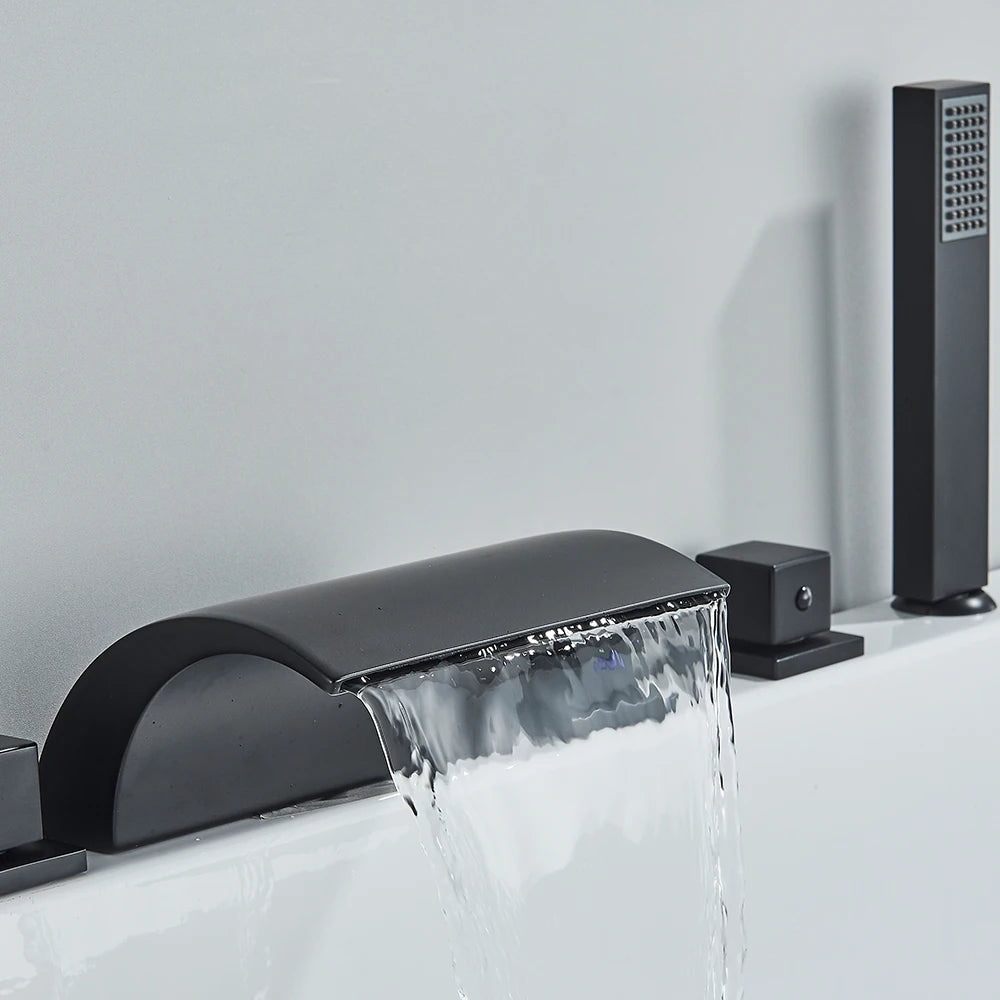Grifo de Baño de Cascada en Latón Negro - Mezclador Widespread con Tres Manijas para Agua Caliente y Fría