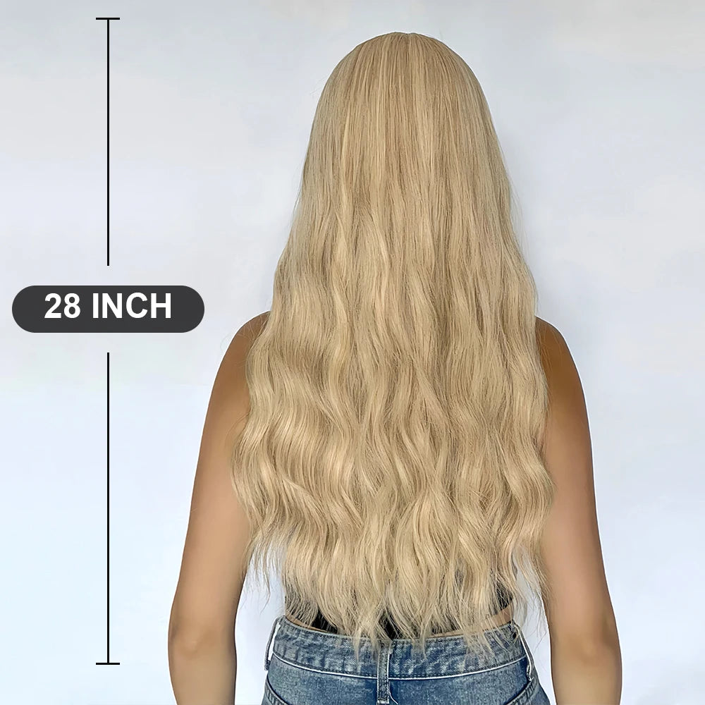 Pelucas sintéticas rubias largas y rizadas para mujer, cabello Natural ondulado, color amarillo claro, resistente al calor, con flequillo, para Cosplay