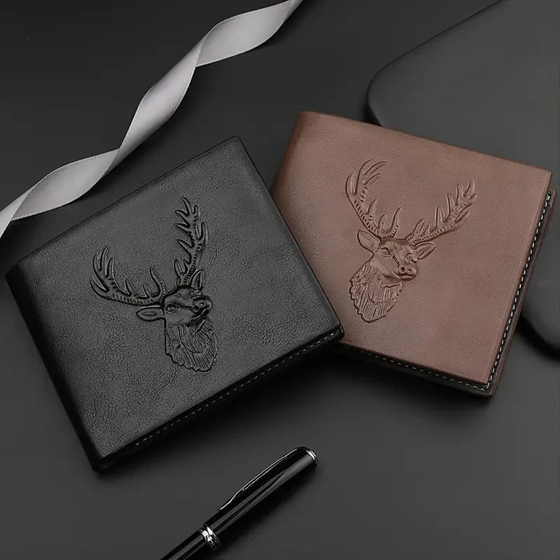 Men's Deer Head Pattern Wallet Classic 3D Embossed Design Make Three-fold Multiple Card Slots Leather Wallet