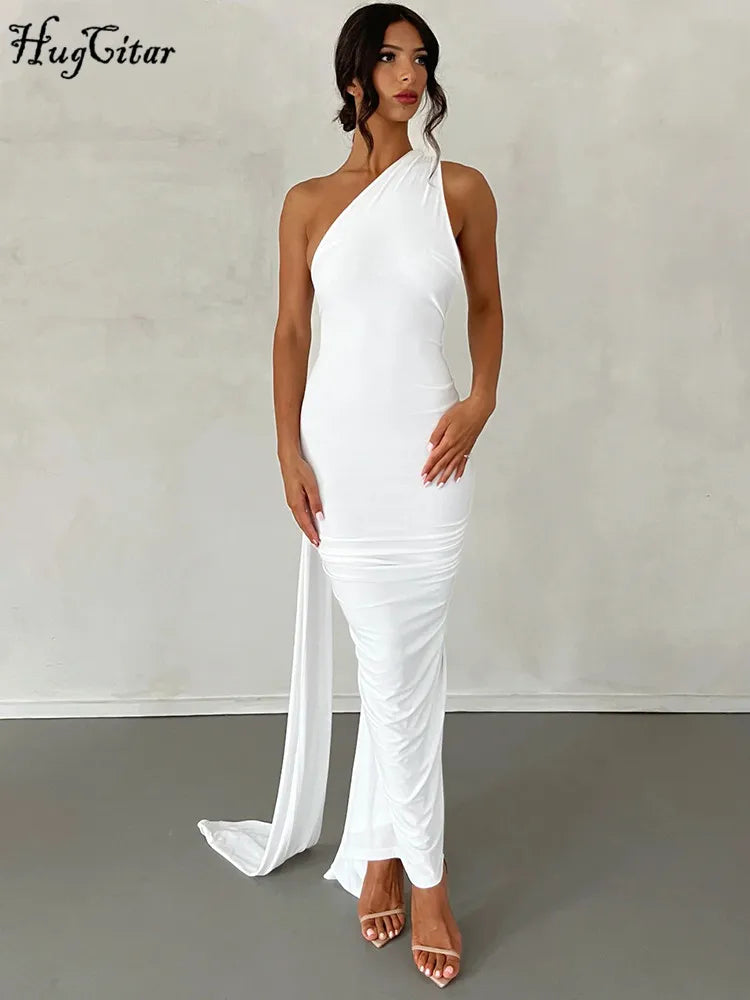Vestido Maxi de Un Hombro y Espalda Descubierta – Ajustable con Bufanda y Detalle Ruchado – Elegante y Sexy, Moda