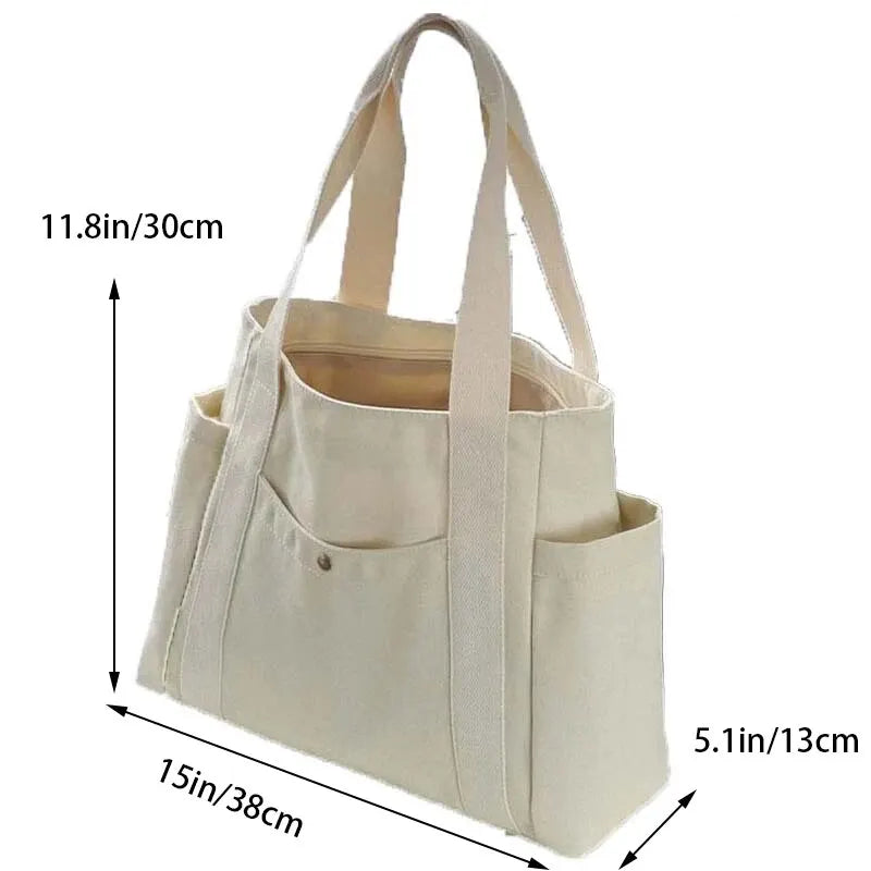 Bolso de lona de gran capacidad para mujer, bolsa de hombro con cremallera, bolsillo exterior múltiple, bolso de compras para estudiantes