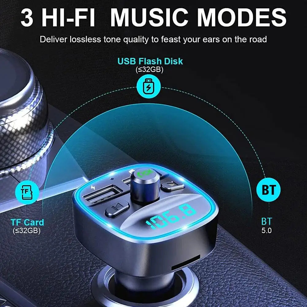 Transmisor FM Bluetooth 5.0 con Carga Rápida y Llamadas Manos Libres – Adaptador de Coche con Doble Puerto USB y Luz LED Azul