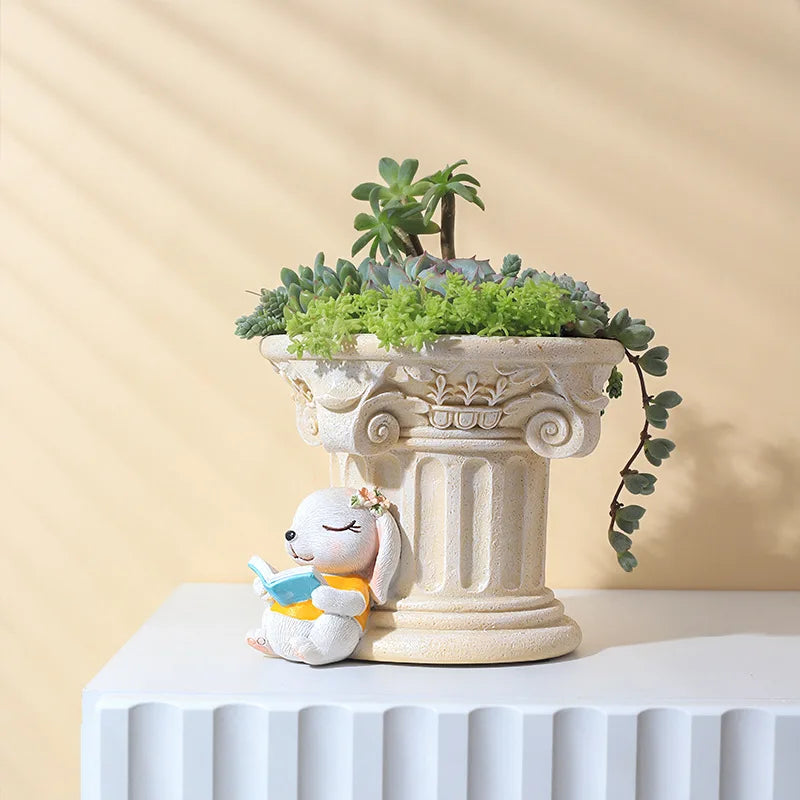 Pilar romano con columnas griegas, maceta de dibujos animados para plantas suculentas, decoración de mesa y jardín