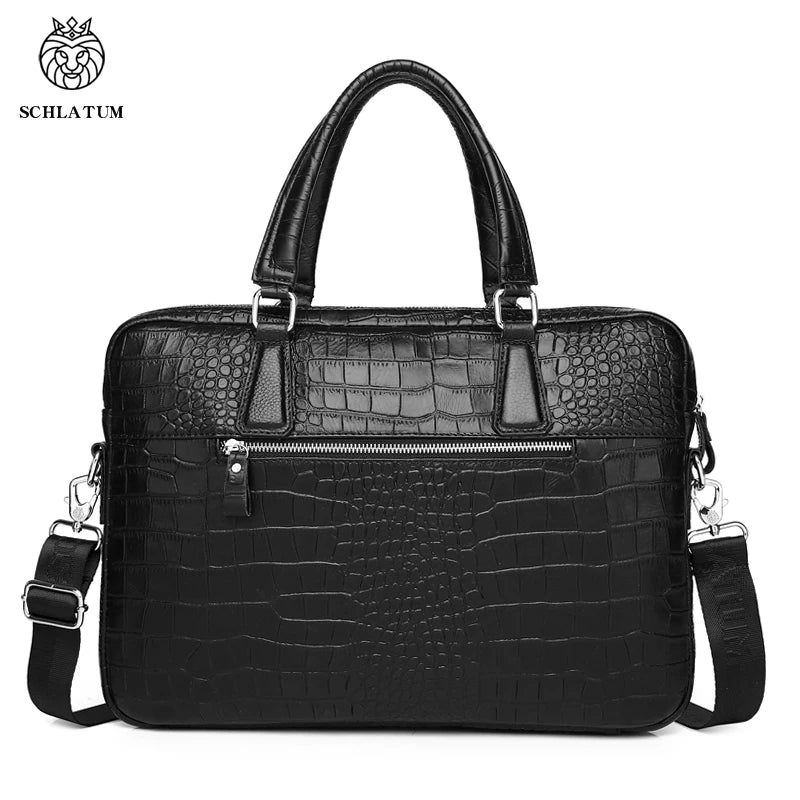 Maletín de Cuero Genuino SCHLATUM con Estampado de Cocodrilo para Laptop de 15.6 Pulgadas, Maletín de Negocios de Lujo