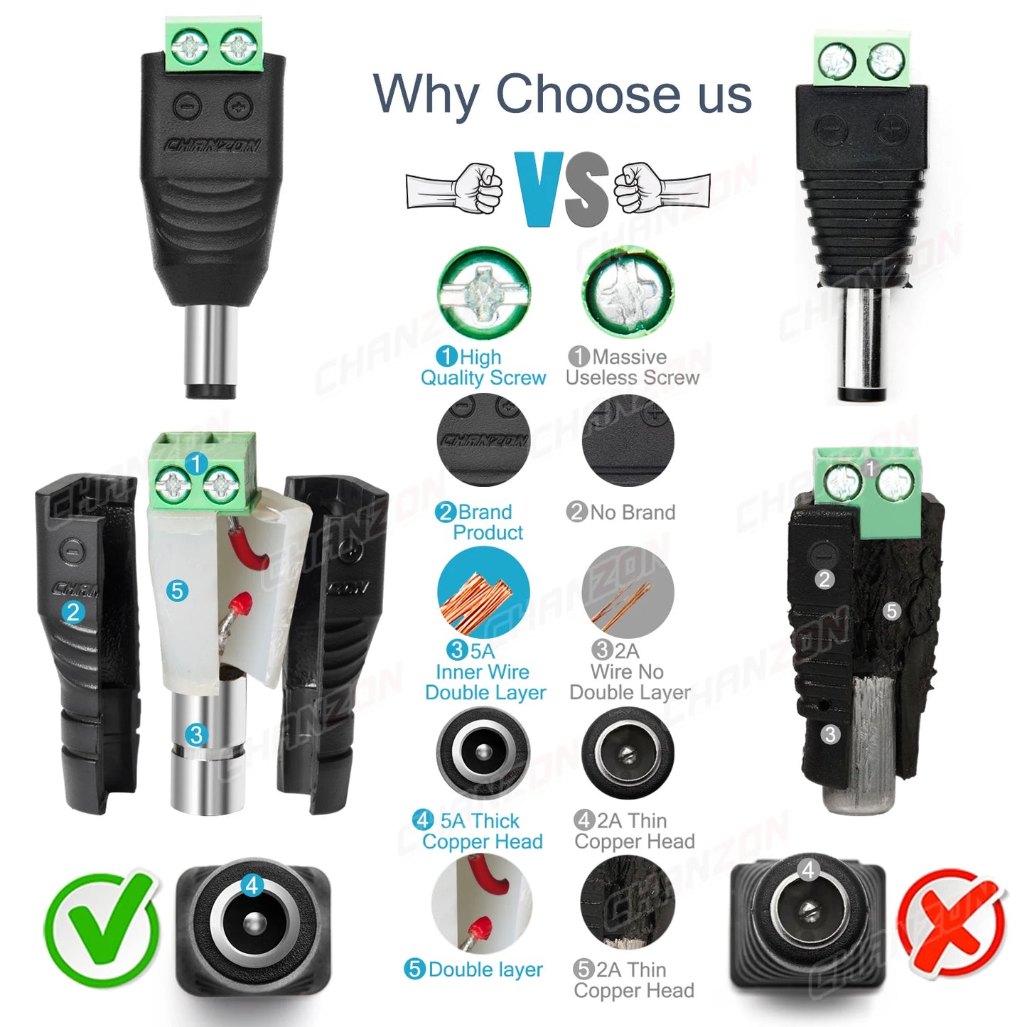 Conector de Alimentación de 12V CC, 10 Piezas, Macho y Hembra, Barril de 2,1mm x 5,5mm, Adaptador para Cámara CCTV y Tira LED