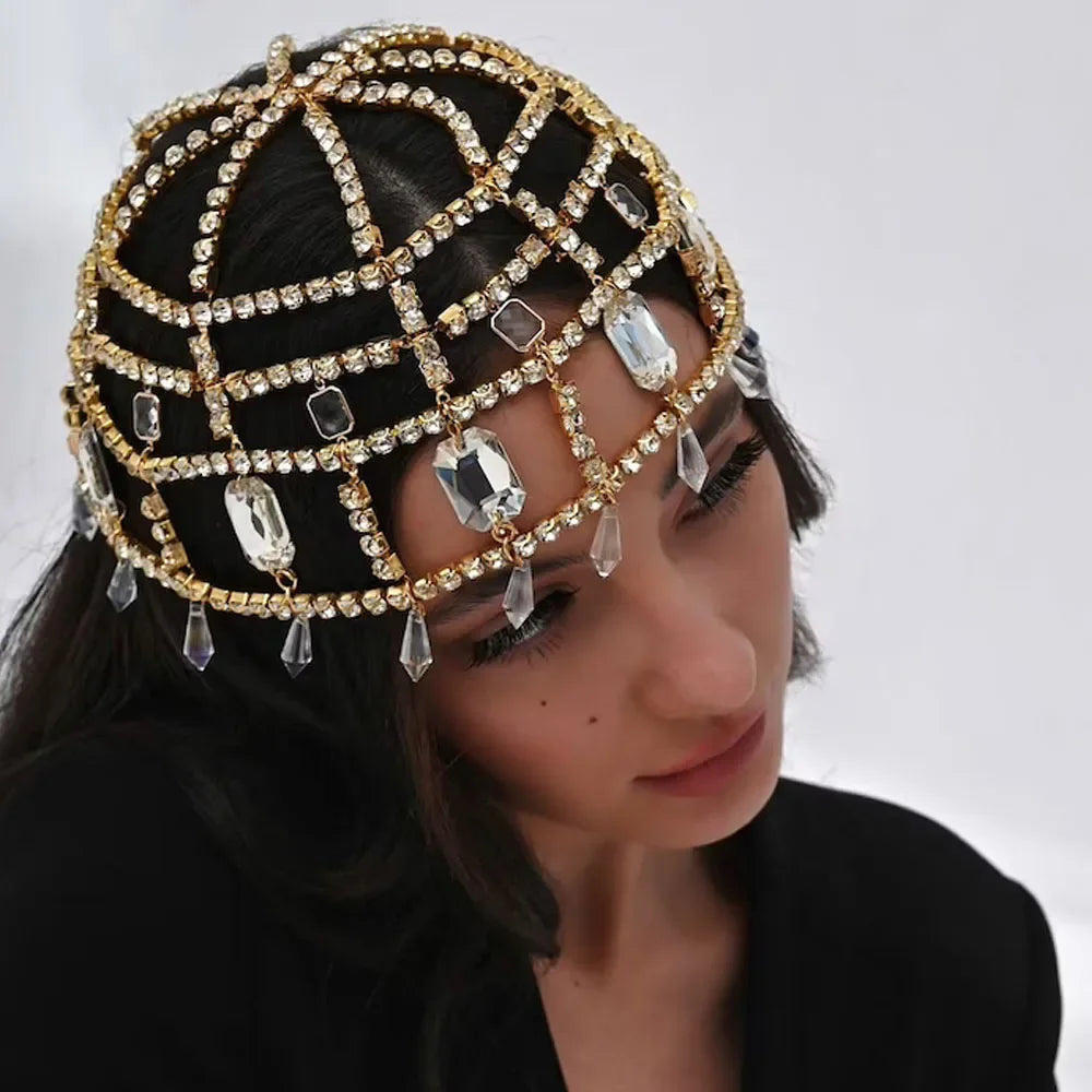 Sombrero de Cristal con Flecos, Tiara de Lujo, Cadena para el Cabello y Accesorios de Boda con Diamantes de Imitación