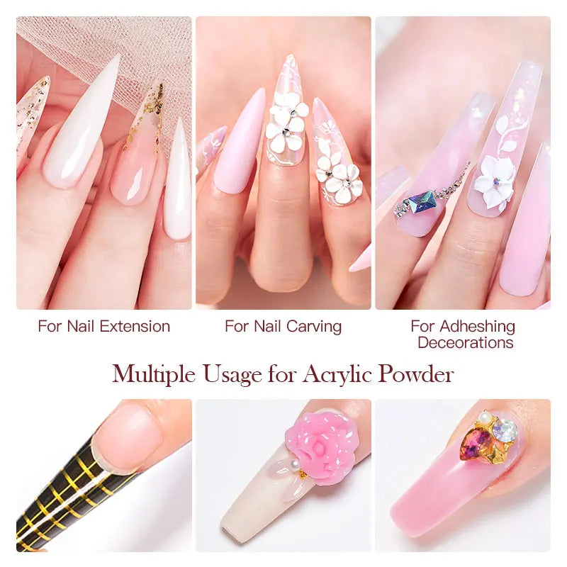 Kit de polvo de cristal para uñas, juego de líquido acrílico con pincel para uñas, rosa y blanco, juego profesional para tallado de extensiones de uñas