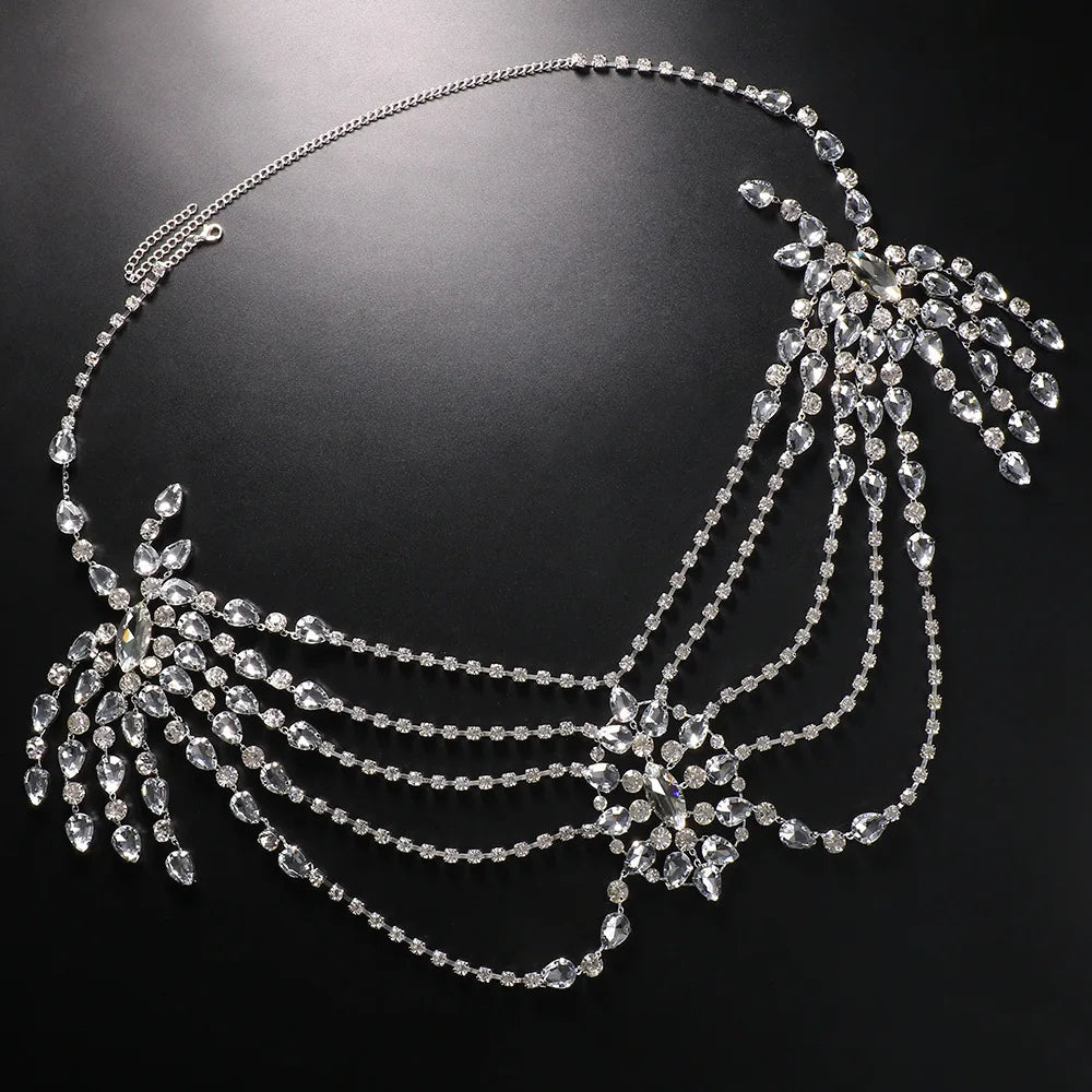 Collar de cadena bohemio nupcial de cristal, accesorios de lencería y joyería corporal, chal de cuentas para bodas y eventos