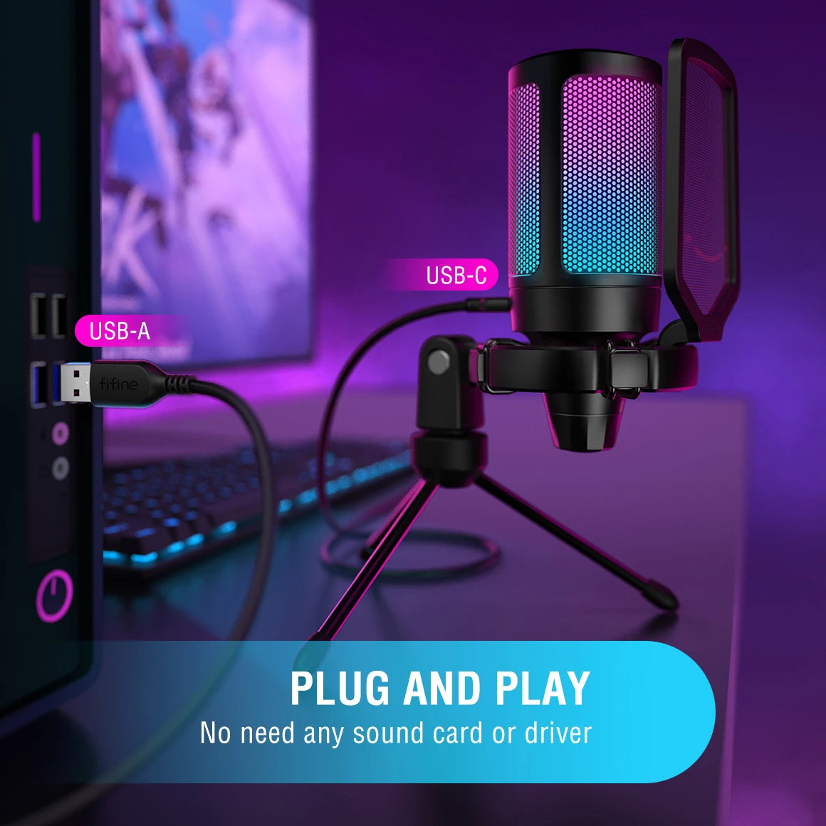 Micrófono Condensador USB FIFINE para Gaming | Compatible con PC, PS4, PS5 y Mac | Incluye Filtro Anti-Pop, Soporte Antivibración y Control de Ganancia