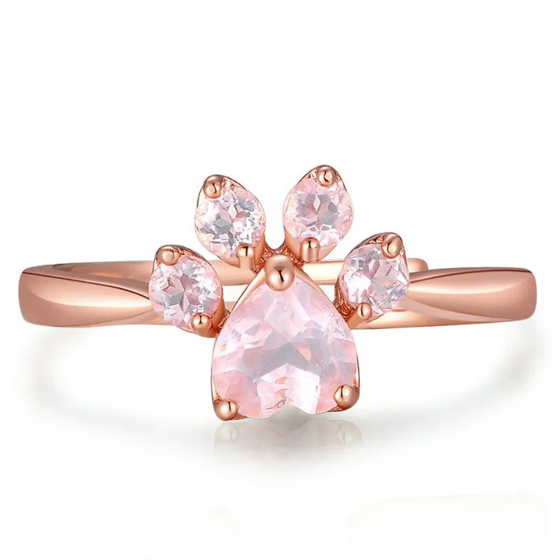 Anillo de apertura de garra de gato para mujer, sortija ajustable chapada en huella de cristal de oro rosa, joyería romántica de amor de boda