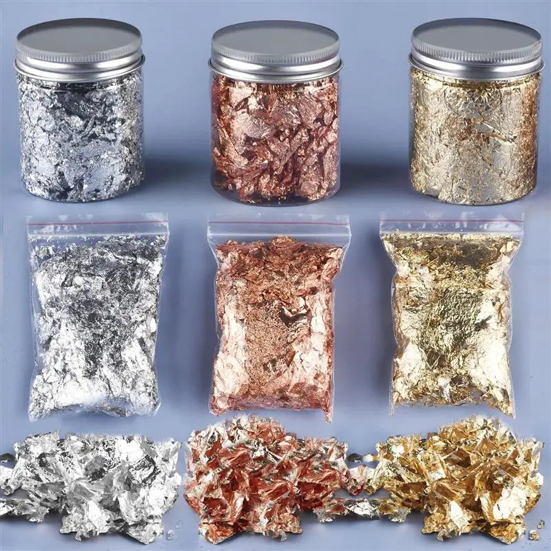 3/5g de Papeles de Foil en Oro, Plata y Bronce - Copos de Aluminio Irregulares para Decoración, Resina Epóxica y Fabricación de Velas
