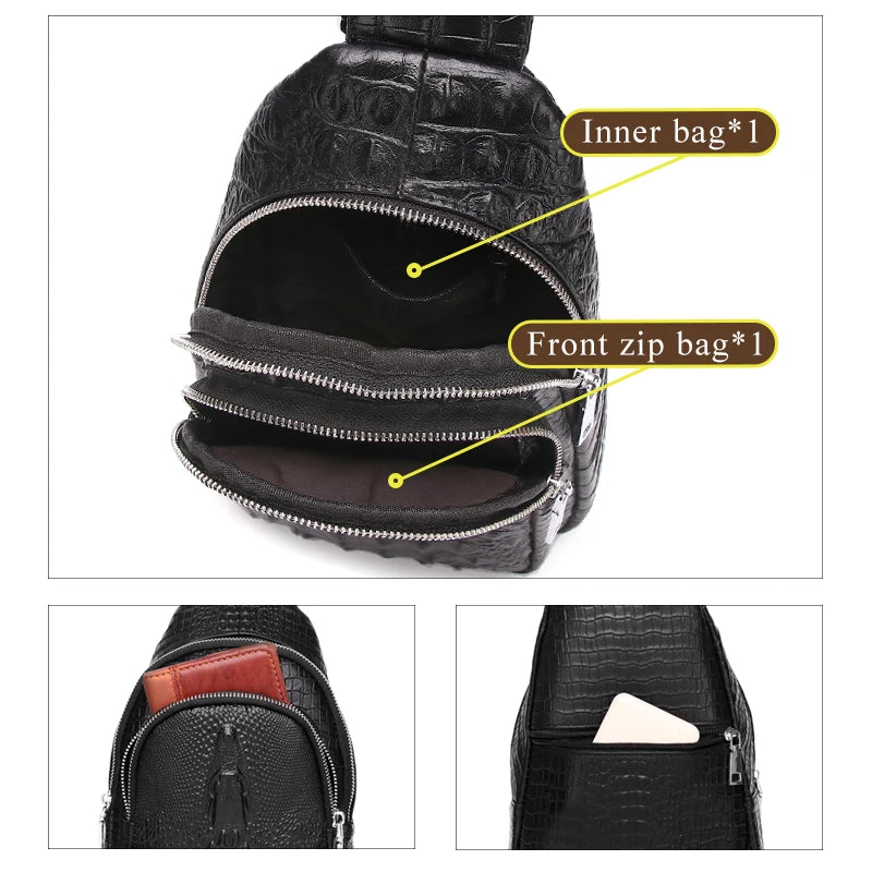 Bolso de Pecho de Cuero Genuino para Hombre – Estilo Casual con Estampado de Cocodrilo