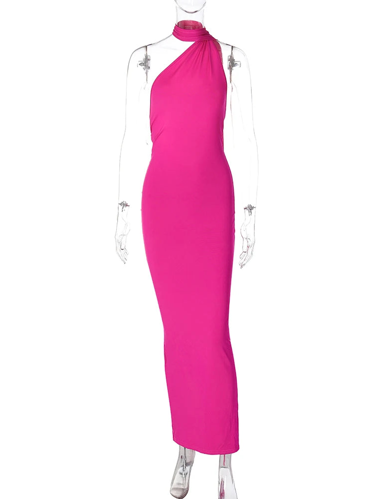 Vestido Maxi de Un Hombro y Espalda Descubierta – Ajustable con Bufanda y Detalle Ruchado – Elegante y Sexy, Moda