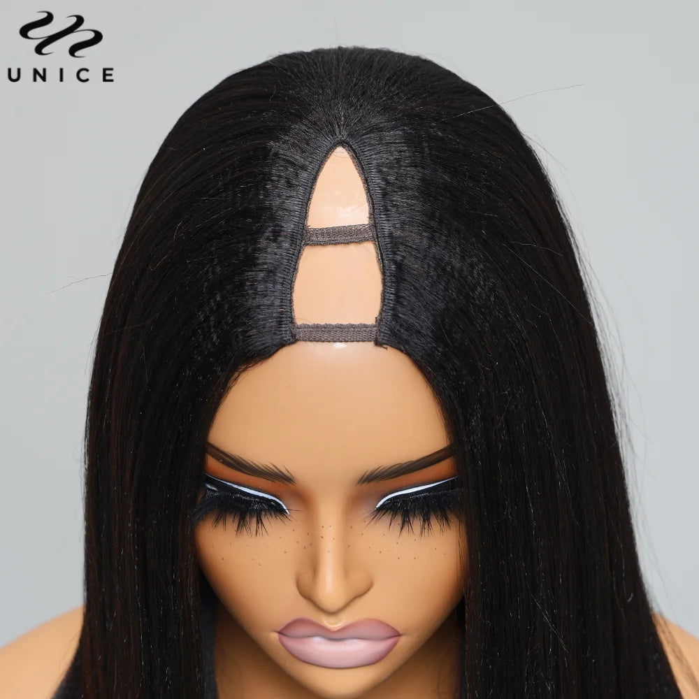Peluca Yaki Recta en Forma de V, Cabello 100% Humano, Parte en U Mejorada, Sin Coser, Clip, Media Peluca