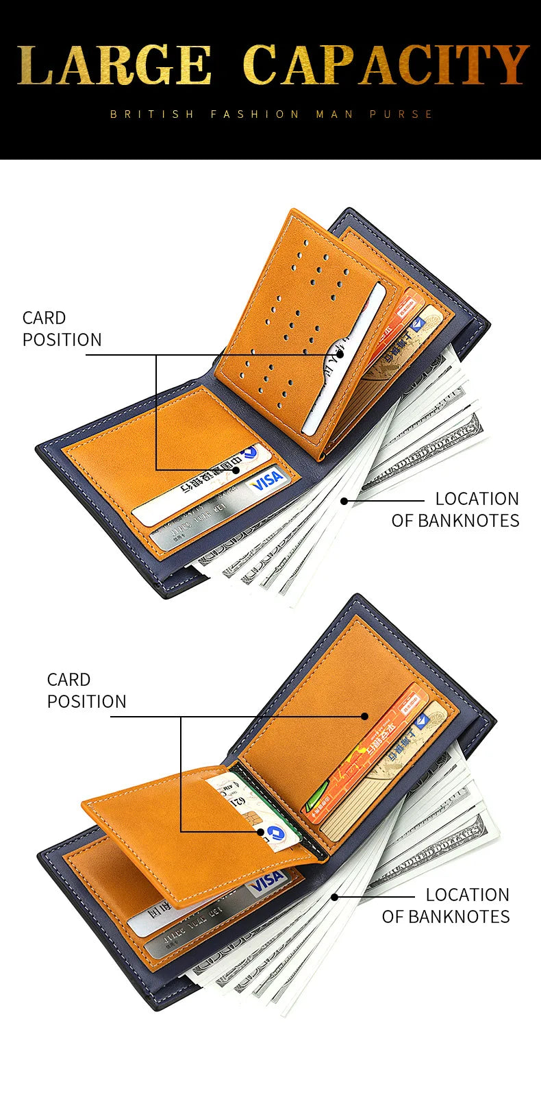 Men's Deer Head Pattern Wallet Classic 3D Embossed Design Make Three-fold Multiple Card Slots Leather Wallet