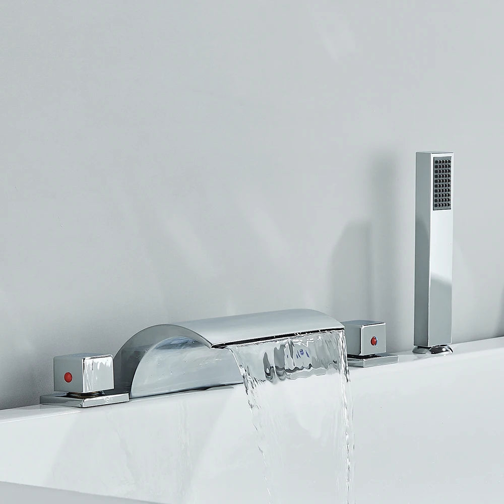 Grifo de Baño de Cascada en Latón Negro - Mezclador Widespread con Tres Manijas para Agua Caliente y Fría