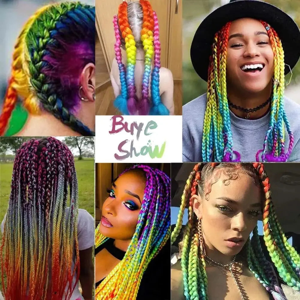 Extensiones de Cabello sintético de Kanekalon, trenzas de caja trenzada Jumbo ombré de 24 pulgadas, color arcoíris
