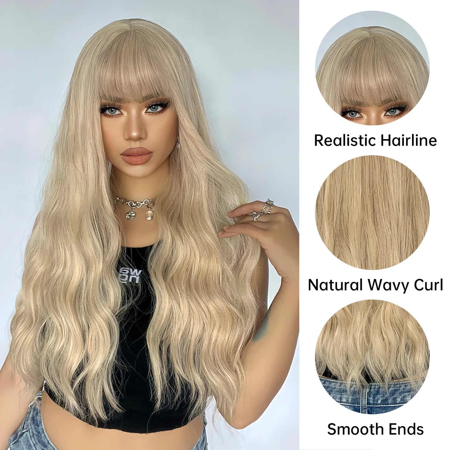 Pelucas sintéticas rubias largas y rizadas para mujer, cabello Natural ondulado, color amarillo claro, resistente al calor, con flequillo, para Cosplay