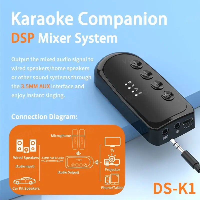Companion Karaoke Inalámbrico DS-K1 - Micrófono Dinámico Bluetooth 5.3 con Mezclador DSP y Amplificador para Coche y Altavoces