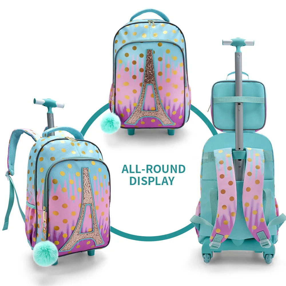 Set 3PCS Mochila Escolar con Ruedas para Niñas - Diseño Torre Eiffel Rosa con Lentejuelas y Función Brilla en la Oscuridad
