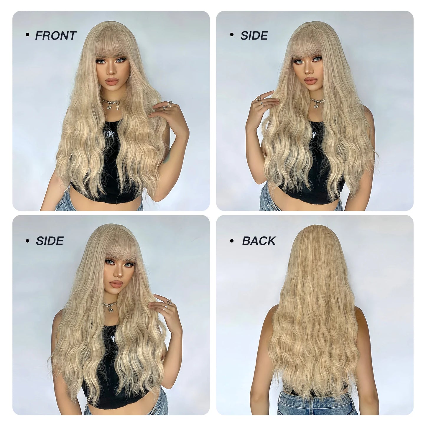 Pelucas sintéticas rubias largas y rizadas para mujer, cabello Natural ondulado, color amarillo claro, resistente al calor, con flequillo, para Cosplay