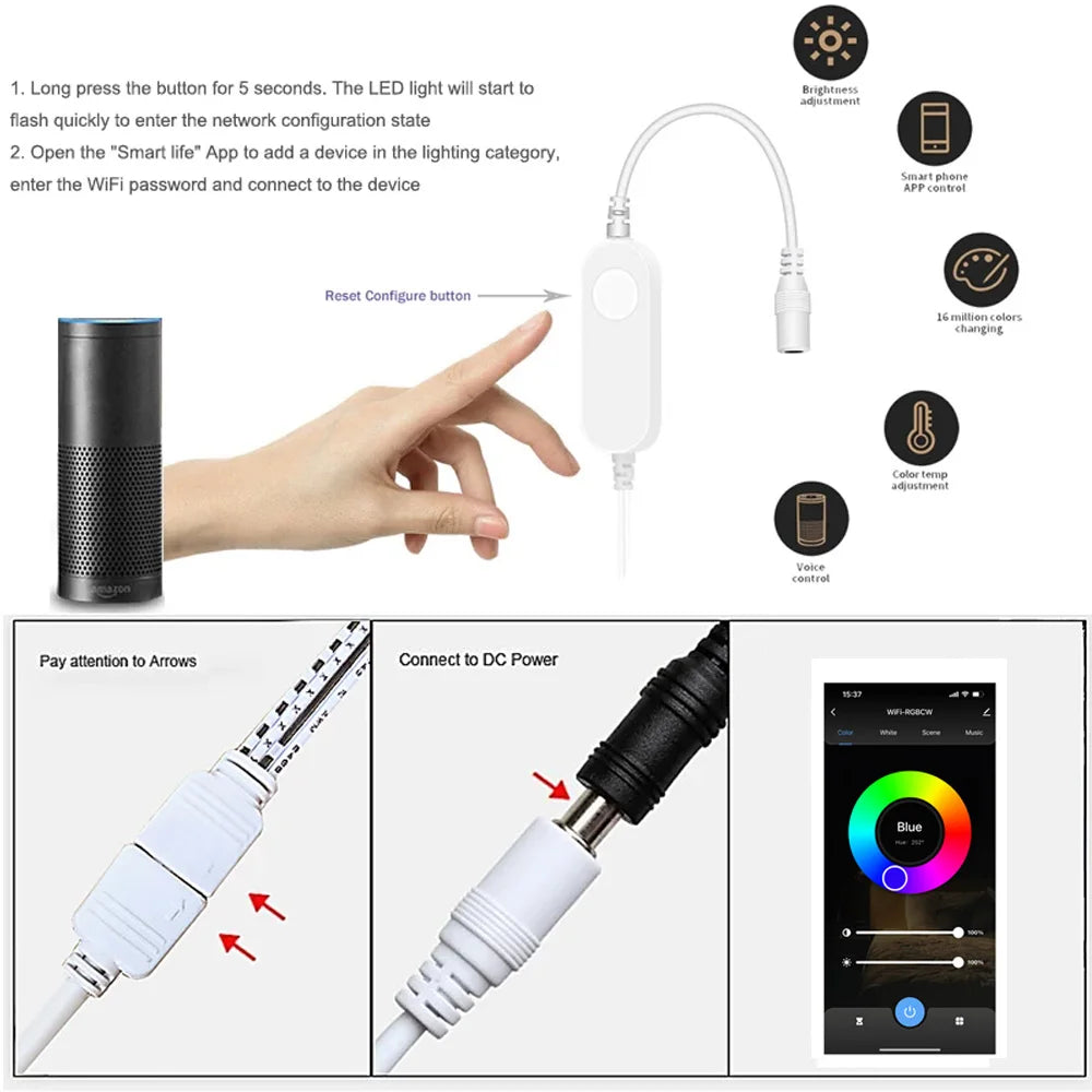 Luz LED RGB Bajo Gabinete DC12V Tuya WIFI Regulable con Control Remoto para Navidad, Cocina, Muebles Decorativos para Alexa y Google Home
