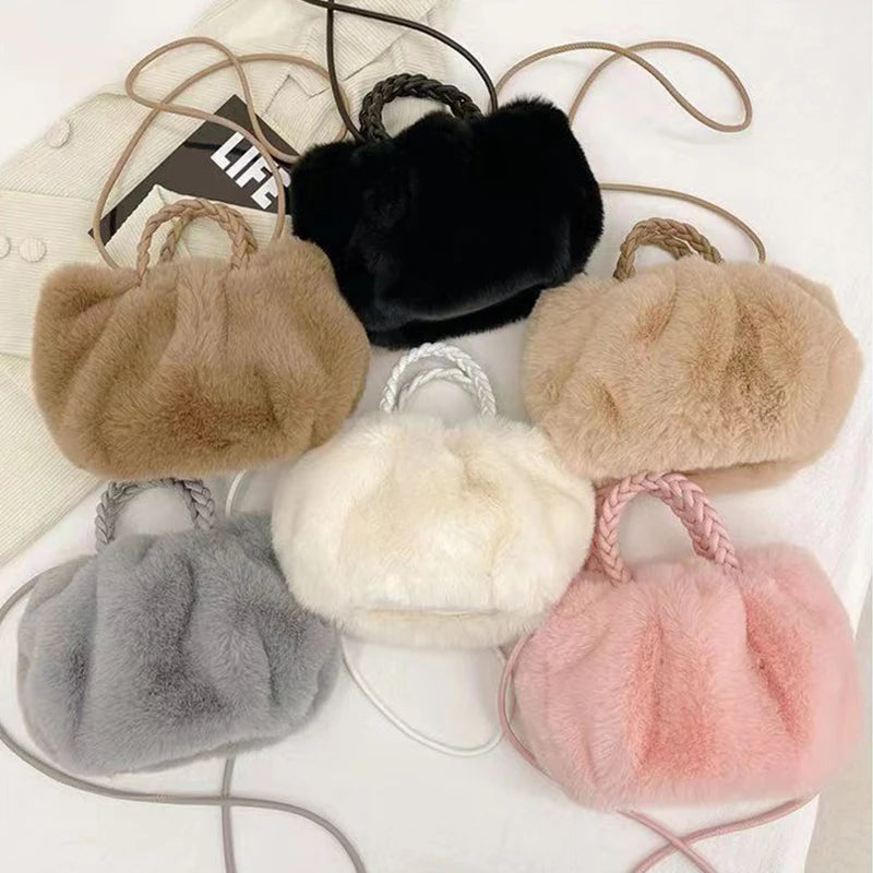 Bolso de hombro de felpa para mujer, bandolera plisada de piel sintética cálida, bolso Hobos, Bolso pequeño dulce, moda de otoño e invierno