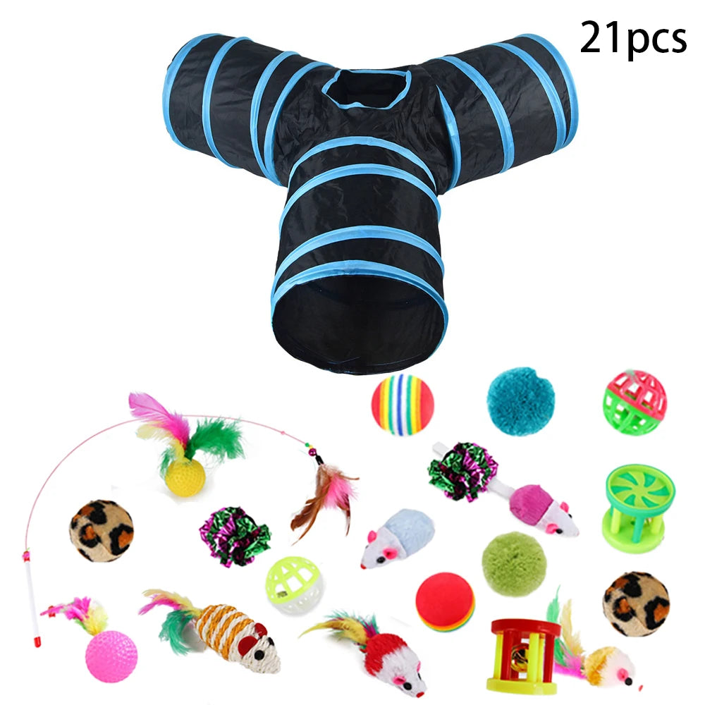 Sonajero para Gatos y Túnel de Papel Arrugado, Juguetes para Gatos Pequeños, Túnel Plegable de Poliester y Algodón, Tienda y Juguetes para Gatos, 21 Piezas